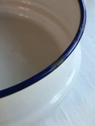 Vintage KER Sweden White Enamel Bowl or Pot with Blue Trim and Handles 2