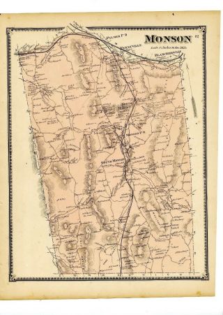 1870 Map Of Monson,  Mass.  From Atlas Of Hampden County,  W/family Names -