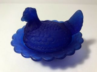 Vintage Mosser Cobalt Blue Satin Glass Hen On Nest Salt Cellar 3