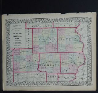 Illinois,  Antique Map,  1869 Counties Of Jasper,  Crawford,  Clay,  Richland M9 61