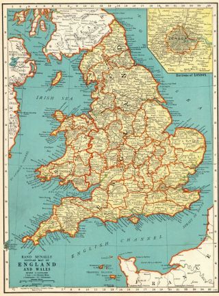 1937 Antique Map Of England & Wales Map Gift Vintage United Kingdom Map 7987
