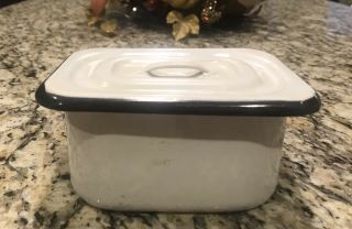 Vintage Enamelware Container With Lid.  White With Black Trim