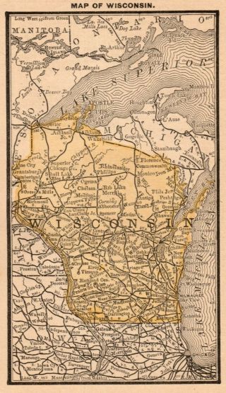 1888 Antique Wisconsin Map Rare Miniature Size Map Of Wisconsin State Map 7669