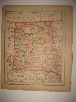 Rare Antique 1885 North South Dakota Territory Lubrecht Handcolored Map