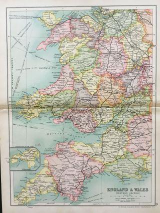 Antique Map Of England & Wales Devon Cornwall 1910 John Bartholomew & Co