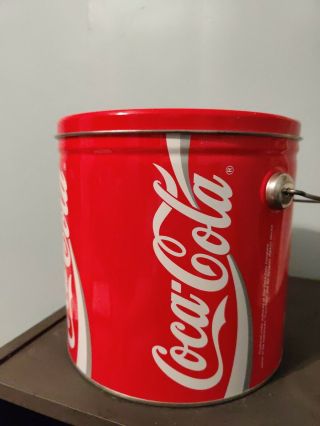 Vintage Round Coca Cola Tin With Lid And Handle Ribbon Style Text 7 " Tall