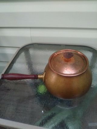 Vintage Copper Pot With Lid And Wooden Handle