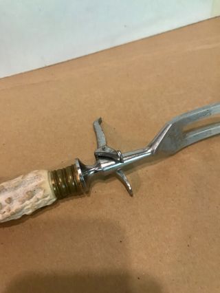 Vintage Antler Handle Carving/meat Fork,  Engraved S Steel,  11 1/8 " Long