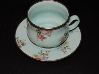 Lovely Mackenzie Childs Victoria And Richard Blue Floral Enamel Cup & Saucer