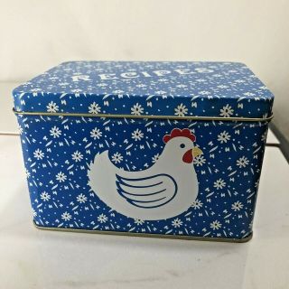 Vintage Recipe Tin Box Blue Chicken Hen Farmhouse Kitchen Cluck Cluck