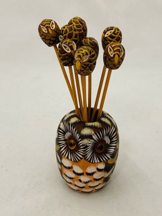 Owl Toothpick Holder Wooden With Eight Baby Owl Toothpicks