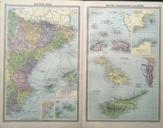 Antique Map Of Spain Majorca Cyprus Malta Gibralter Minorca Alicante 1926