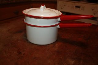 Vintage Red And White Enamelware,  3 Pc,  Small Double Boiler,  Pots 6 1/2 " Diameter