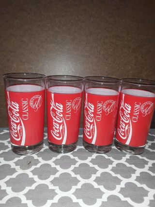 Coca - Cola Classic 8oz Glasses Made By Indiana Glass Co.  Mainly Red In Color.