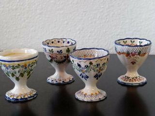 4 Pc Hand Painted Floral Egg Cup Set - Made In Portugal