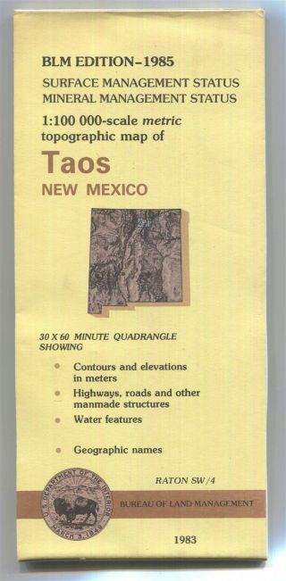 Usgs Blm Edition Topographic Map Mexico Taos 1985 Mineral,  Surface Raton Sw/4