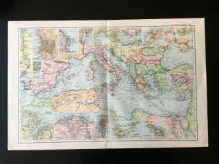 Antique Map Of The Mediterranean Italy Turkey Cyprus Maltagreece Spain 1904