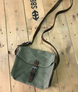 1966 Vintage Swiss Army Military Shoulder Bag Leather And Canvas
