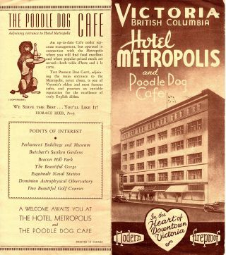 Hotel Metropolis & Poodle Dog Cafe Victoria Bc Canada Vintage Travel Brochure