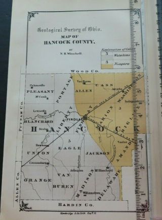 1874 Map Of Hancock County By Winchell Antique Lith.  Geological Survey Of Ohio