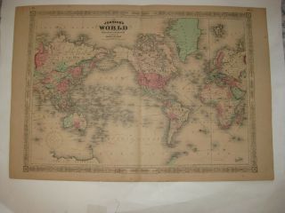 Huge Antique 1866 Johnson World Handcolored Map United States Asia Australia Nr