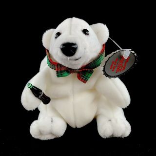 Coca Cola Polar Bear Plush Stuffed Animal Style 0105 Plaid Bow Holding Bottle