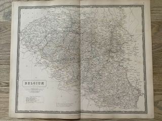 1844 Belgium Large Hand Coloured Antique Map From Johnston 