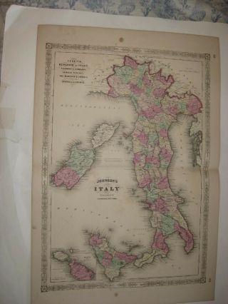 Huge Antique 1866 Italy Malta Catholic Church Lands Johnson Handcolored Map Rare