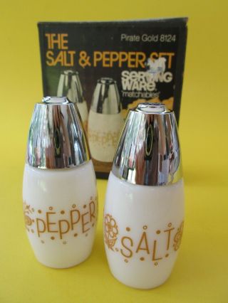 1974 Gemco Ware Salt,  Pepper Set Pirate Gold Made In Usa Golden Butterfly,  Flower