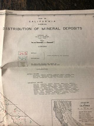 1944 CALIFORNIA TOPOGRAPHIC & GEOLOGIC MAP W/ DISTRIBUTION OF MINERAL DEPOSITS 6