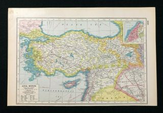 Vintage Colour Atlas Map 1920,  Asia Minor,  Inset Of Smyrna,  Harmsworth 