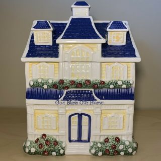 Yellow Victorian Two Story House Bless Our Home Cookie Jar Canister Blue Roof