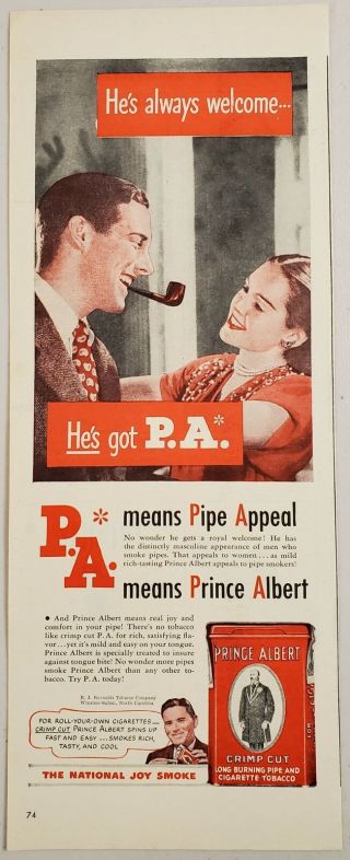 1947 Print Ad Prince Albert Tobacco Lady Admires Man Smoking Pipe.