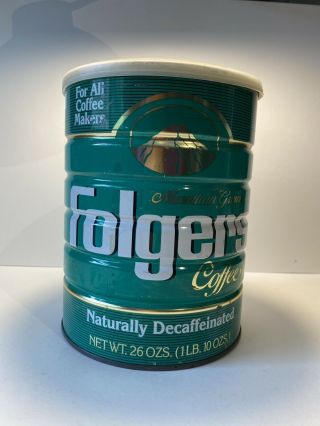 Vintage Mountain Grown Folgers Coffee Decaf Tin Metal 26 Oz Can With Lid