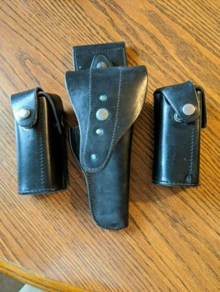 Vintage French Army Black Leather Pistol Holster W/two Pouches