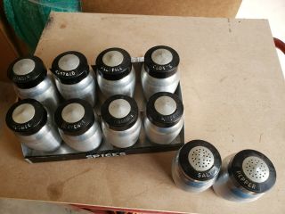 Vintage Set Of 10 Kromex Spun Aluminum Spice Jars & Rack