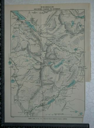 1934 Vintage Bartholomew Map Of Snowdon Showing Paths To Summit,  North Wales