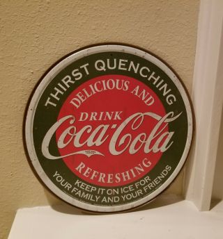 Vintage Coca Cola Sign Tin Metal Soda Pop Advertising Round Thirst Quenching