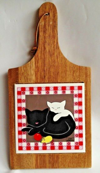 Linda Morgan Sleeping Kittens Cats Bread Board Ceramic Wood Tile Trivet Gingham