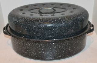 Vintage Black Speckled Enamel Ware Graniteware Roaster Pan & Lid - 17.  5 " - Usa - Euc