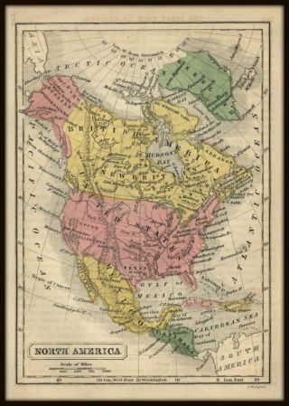 Antique American Map: North America - 1852 - Hand - Colored - 5 X 7 Inches.