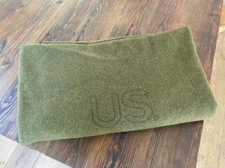 Vintage U.  S.  Military Army Blanket Wool Olive Green Bed Blanket 64” X 79”