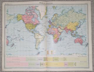 Times Atlas (j G Bartholomew) Vintage Map – 1922 – Plate 7 – World – Political
