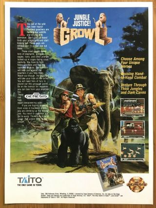 Growl Sega Genesis 1991 Vintage Video Game Print Ad/poster Official Authentic
