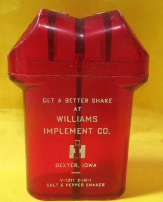 Vintage Advertising Salt & Pepper Shaker 2 In 1,  Red Plastic Ih Implement Co,  Iowa