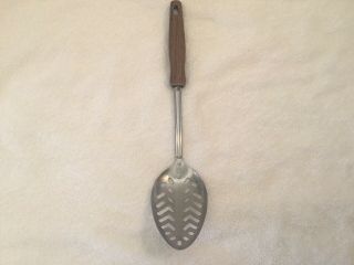Vintage Ekco Stainless Steel Slotted Serving Spoon /w Faux Wood Handle - Usa