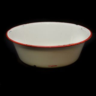 Vintage Enamel Bowl Dish White & Red Trim Round 9 " Farmhouse Enamelware