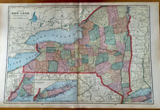 1906 Geo F Cram Railroad And County Color State Map Of York 22 " X 14 "