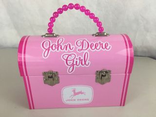John Deere Girl Metal Lunch Box Pink Beaded Handle Flip Top