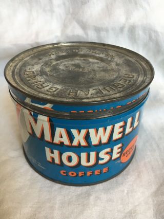 Maxwell House 1 Ib Coffee Tin (empty) W/ Lid,  L 5” H 3 1/2”,